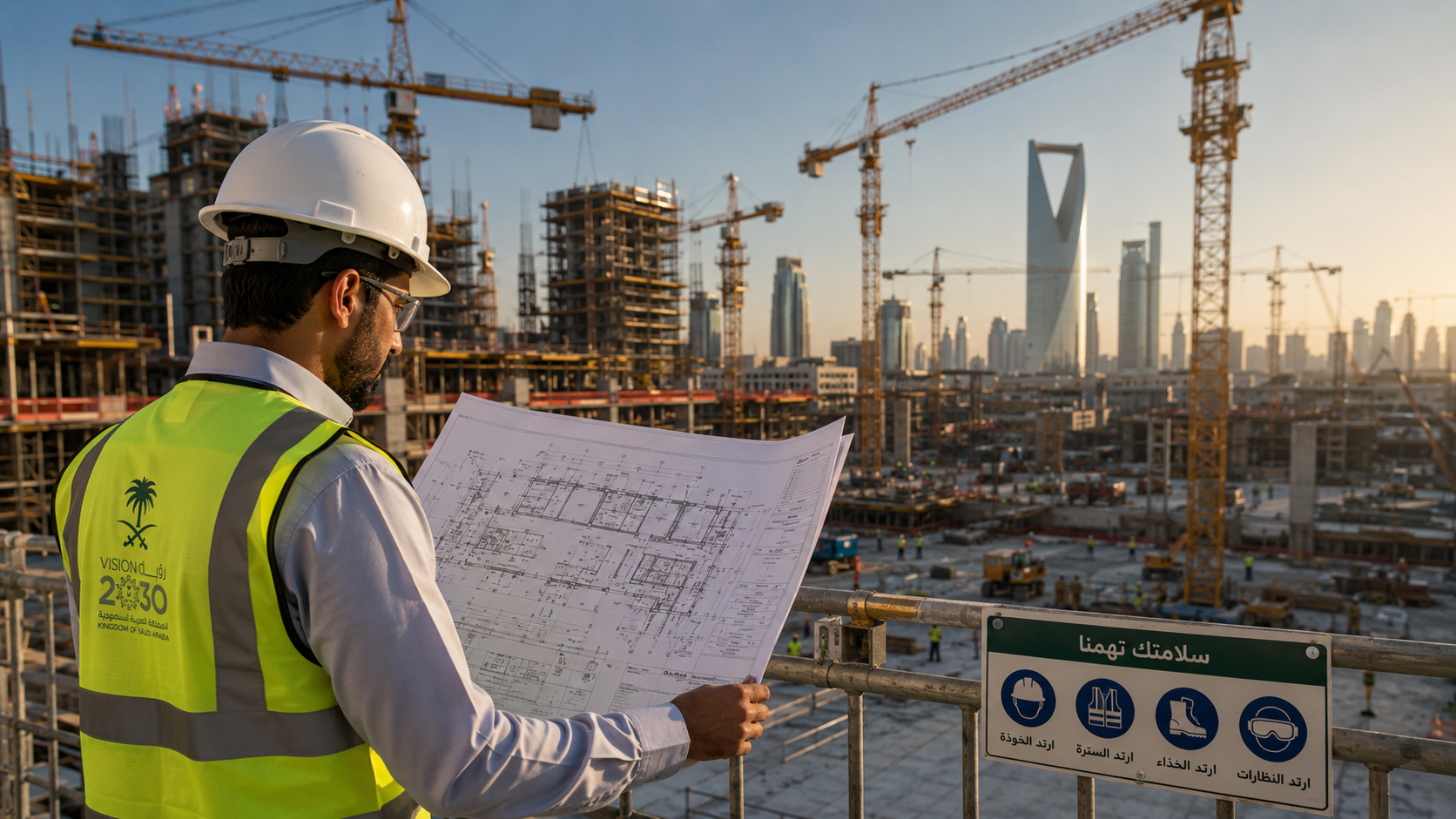 مهندس بخوذة أمان يراجع مخططات في موقع مشروع إنشائي عملاق
