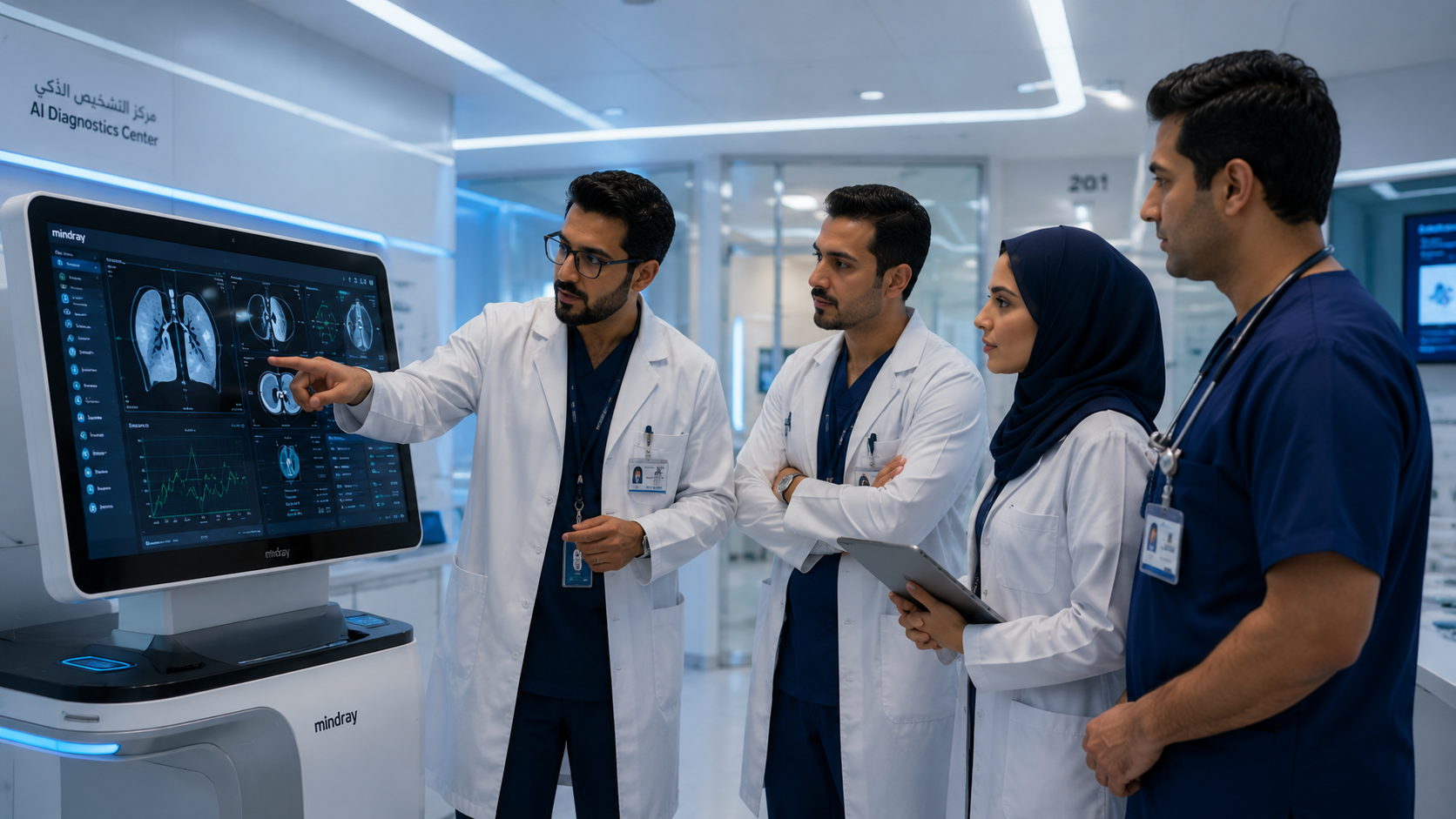 طاقم طبي يراجع نتائج فحص على جهاز تشخيص ذكي في مستشفى حديث