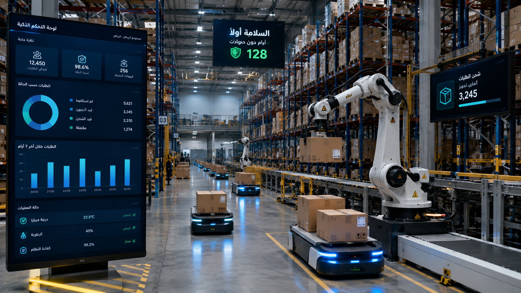 مستودع لوجستي ذكي مع أنظمة أتمتة وروبوتات تشغيل