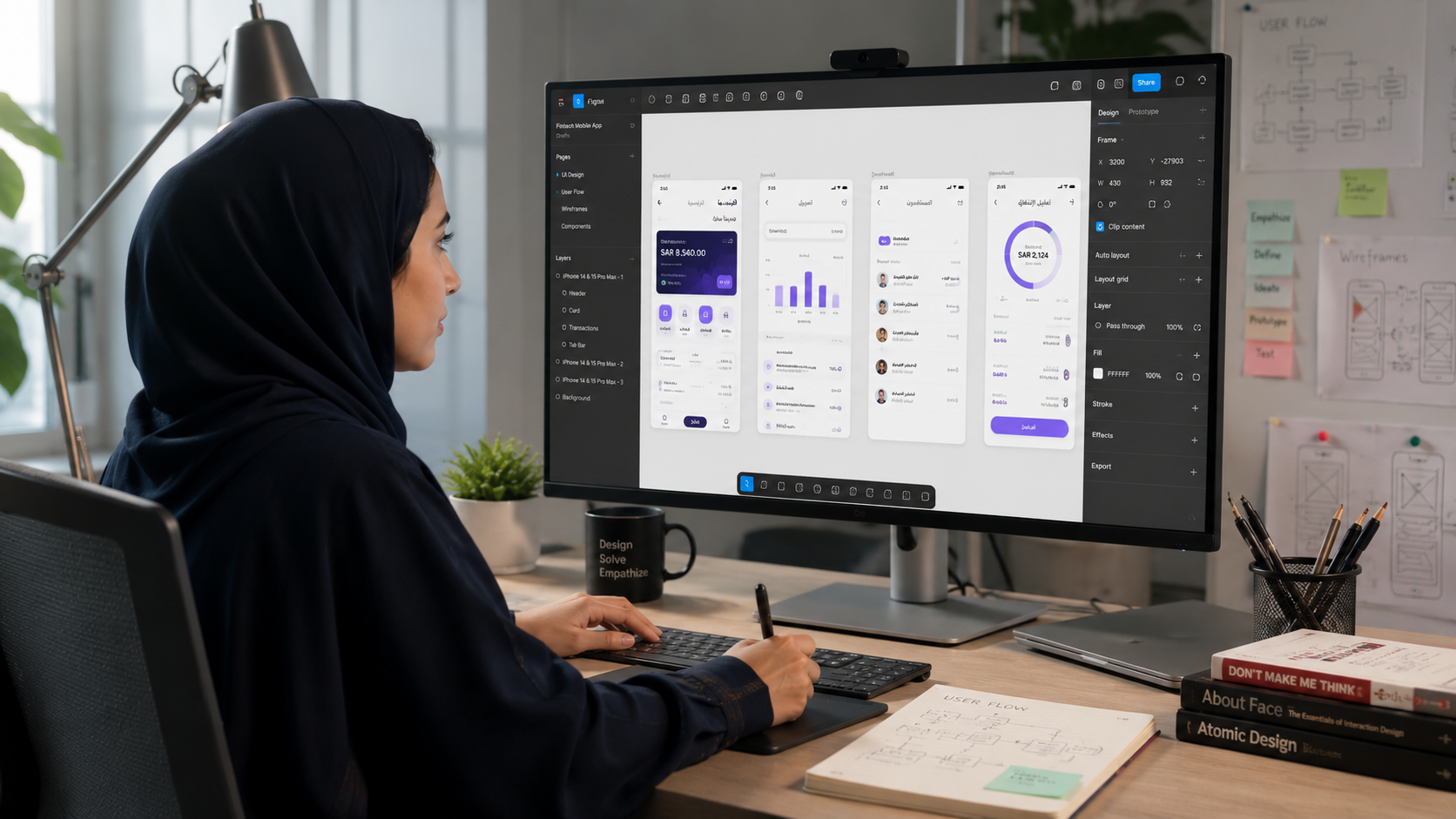 مصممة تجربة مستخدم تعمل على تطبيق Figma أمام شاشة حاسوب